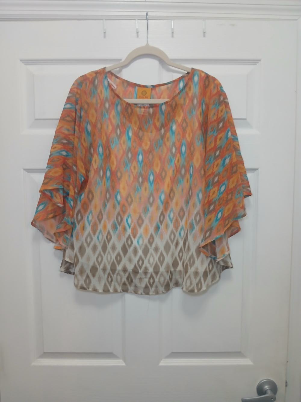 Ruby Rd. Orange & Turquoise Ikat Flutter Sleeve Blouse